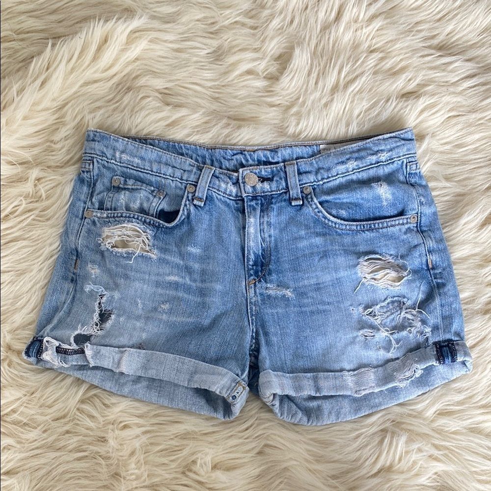 Rag & Bone Distressed Blue Denim Shorts Rolled Up Hem sz 27 Boho Vacation Beach